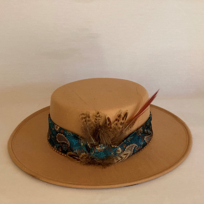 Load image into Gallery viewer, COURAGE OVER COMFORT FASHION FELT BOLERO HAT WITH TURQUOISE PAISLEY PRINT STYLE SILK SCARF AND FEATHERS-Animo Hat Company