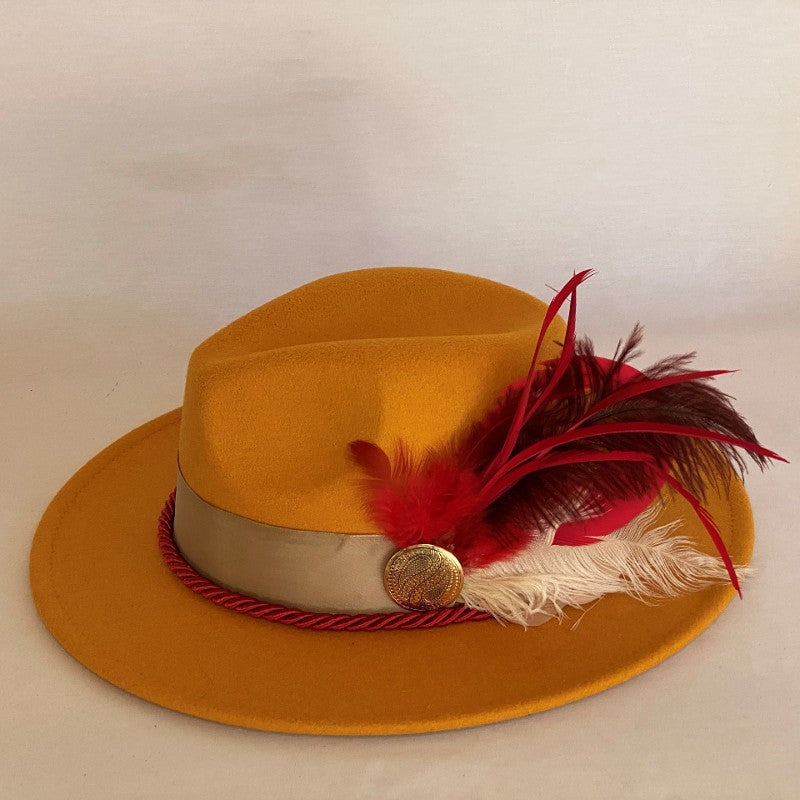 TRUST YOURSELF FASHION FELT FEDORA HAT WITH SATIN RIBBON AND ROPE TRIM WITH FEATHERS-Animo Hat Company