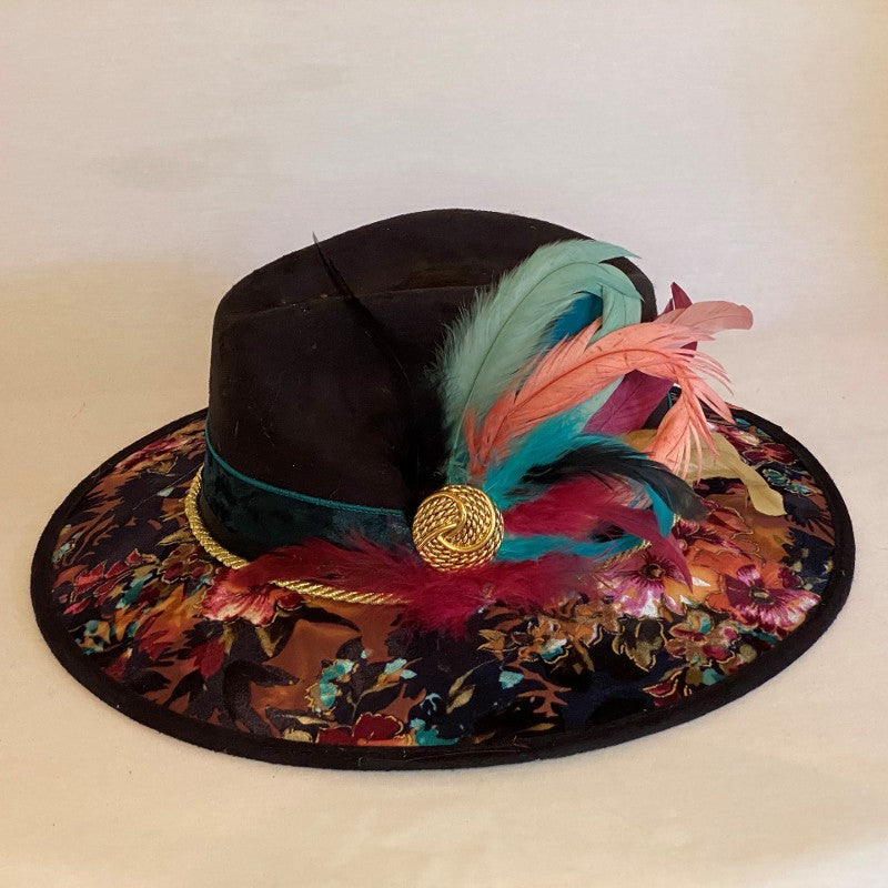 LIVING ON THE WILD SIDE FASHION FELT FEDORA HAT WITH FLORAL PRINT BRIM, VELVET RIBBON TRIM, BRIGHT FEATHERS AND MEDALLION-Animo Hat Company