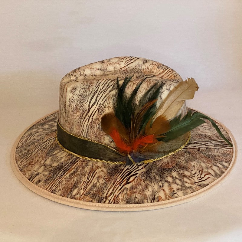 LIVING ON THE WILD SIDE FASHION FELT ANIMAL PRINT FEDORA HAT WITH IRIDESCENT RIBBON TRIM AND FEATHERS-Animo Hat Company