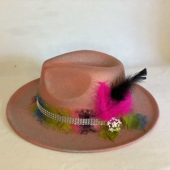 Show Your Sparkle - Fashion Felt Fedora Hat With Sparkle Finish, Upcycled Scarf, Pink Feathers And Silver Bling-Animo Hat Company