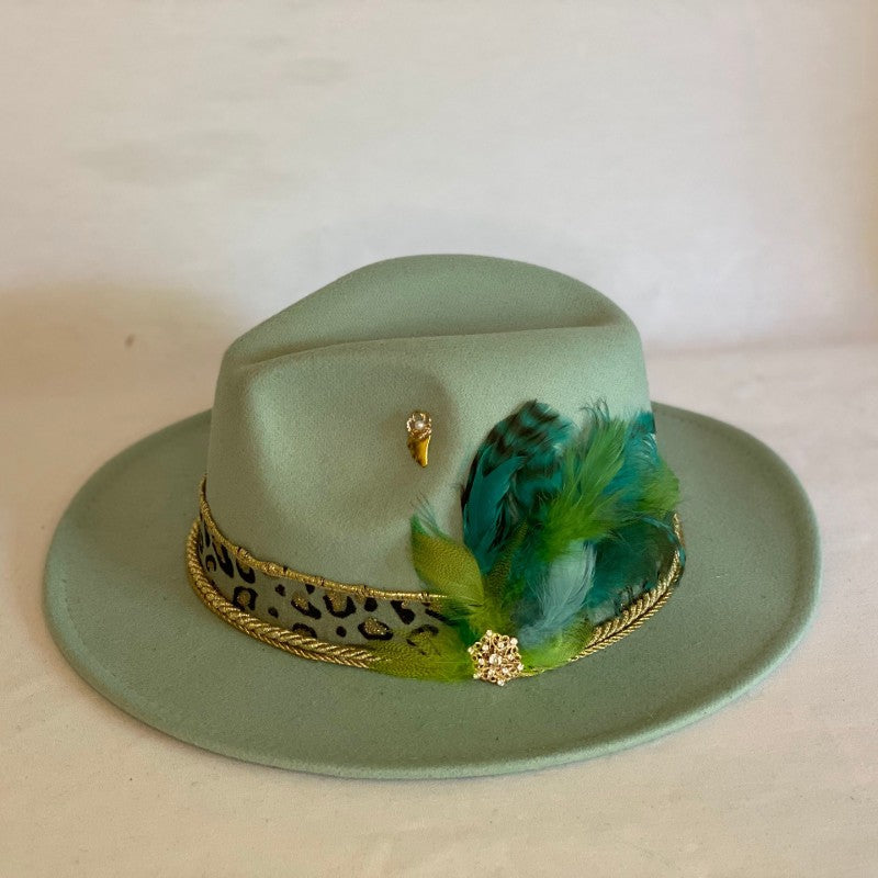 Fierce And Fabulous - Fashion Fedora Felt Hat with Mint Green Animal Print Ribbon Trimmed In Gold With Feathers and Gold Pin-Animo Hat Company