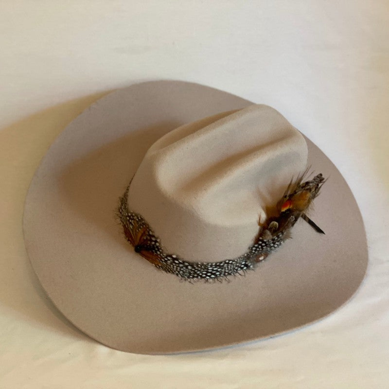 Lydia - 3X Silverbelly Australian Wool Blend Cowboy Hat With Feather Crown, Continuous Feather Band, Feathers and Shotgun Shell Pin-Animo Hat Company