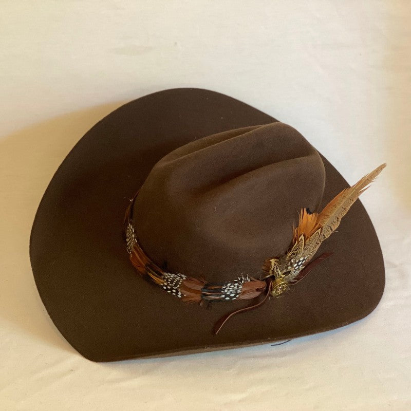 Lydia - 2X Wool Cowboy Hat With Continuous Feather Band, Feathers and Shotgun Shell Pin-Animo Hat Company