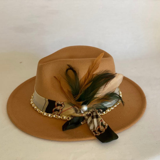 Keep It Classy - Fashion Fedora Felt Hat with Mint Green Animal Print Ribbon Trimmed In Gold With Feathers and Gold Pin-Animo Hat Company