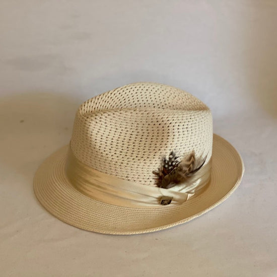 Debonair - Stacey Adams® Vent Paper Milan Fedora Hat with Ribbon and Feather Band-Animo Hat Company