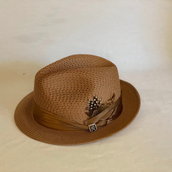 Debonair - Stacey Adams® Vent Paper Milan Fedora Hat with Ribbon and Feather Band-Animo Hat Company