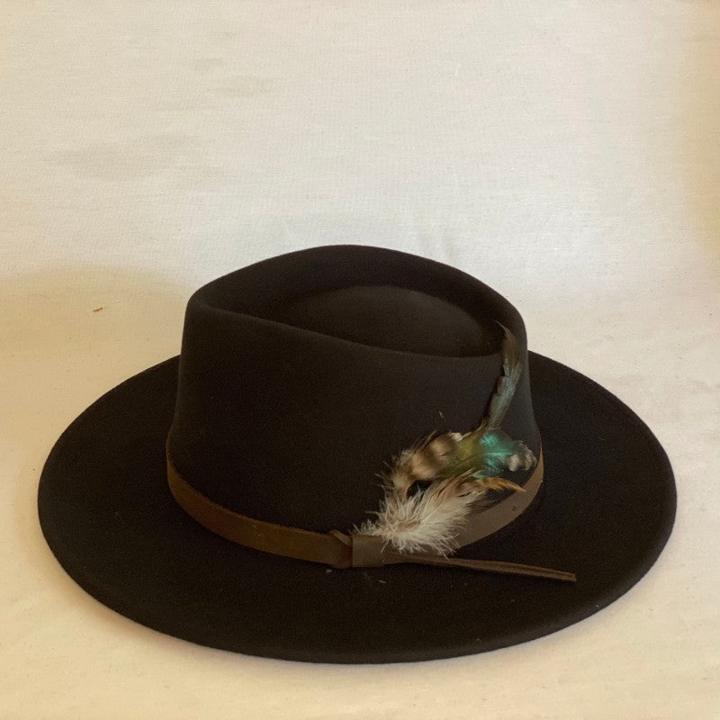 No Limits - 100% Wool Felt Crushable Fedora Hat With Turn Down Brim, Leather Band and Feather Trim-Animo Hat Company