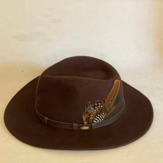 No Limits - 100% Wool Felt Crushable Fedora Hat With Turn Down Brim, Leather Band and Feather Trim-Animo Hat Company
