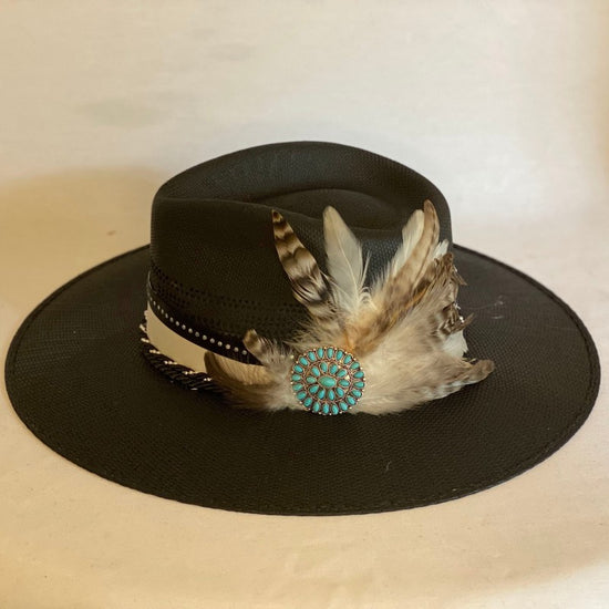 Harmony - Black Fashion Straw Fedora Hat With White Stain Ribbon and Black & White Coordinating Feathers And Trim-Animo Hat Company