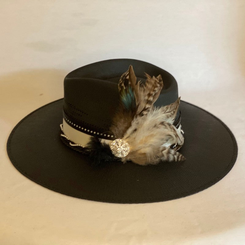 Harmony - Black Fashion Straw Fedora Hat With White Stain Ribbon and Black & White Coordinating Feathers And Trim-Animo Hat Company