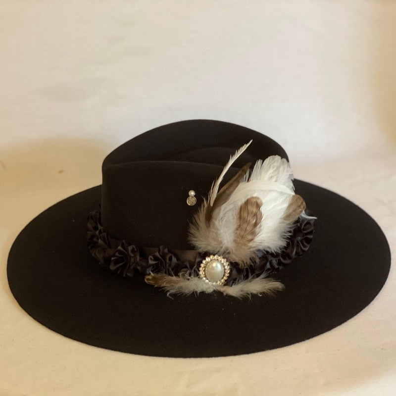 Harmony - Black Fashion Wool Fedora Hat With Black Stain Ribbon and Black & White Coordinating Feathers And Trim-Animo Hat Company