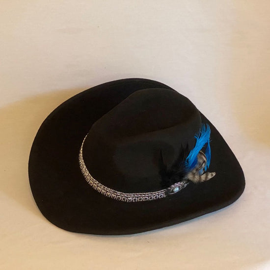 Pamala - Custom Twister® Wool Crushable Cowboy Hat Hand Trimmed With Wire Brim, Silver Rhinestone Band, Turquoise Pin And Feathers-Animo Hat Company