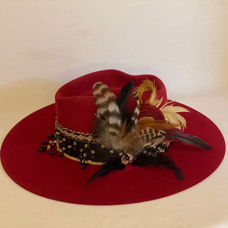 Custom Atwood 7X Red Fashion Felt Cowboy Hat With Arrowhead Crown, Black Jeweled Trim And Feathers-Animo Hat Company