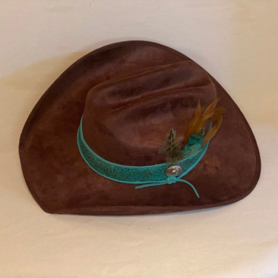 Jaqueline - Custom Brown Fashion Cowboy Hat With Turquoise And Bronze Embossed Leather Band With Feahters-Animo Hat Company