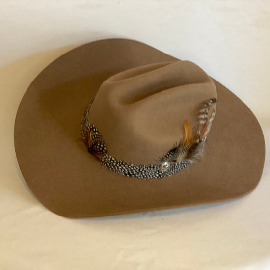 Lydia - Custom Justin ® Bent Rail Pecan Cowboy Hat Hand Trimmed With Continuous Guinea Feather Band and Coordinating Feathers-Animo Hat Company