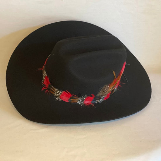 Lydia - Custom Fashion Black Cowboy Hat Hand Trimmed With Continuous Feather Band and Coordinating Feathers-Animo Hat Company