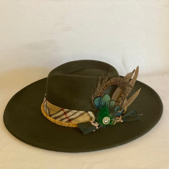 Keep It Classy - Custom Scala ® Fashion Wool Wide Brim Fedora Hat Hand Trimmed With Burberry Style Silk Scarf And Feathers-Animo Hat Company