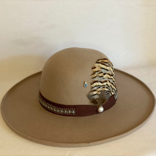 Be Your Best - Custom Taupe Fashion Felt Fedora Hat With Wide Pencil Brim, Open Crown And Hand Trimmed Band With Feathers-Animo Hat Company