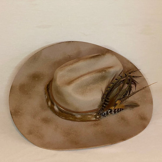 Laurie - Distressed Custom 3X Cowboy Hat with Ethically Sourced Hide And Hand Trimmed Feather Pad-Animo Hat Company