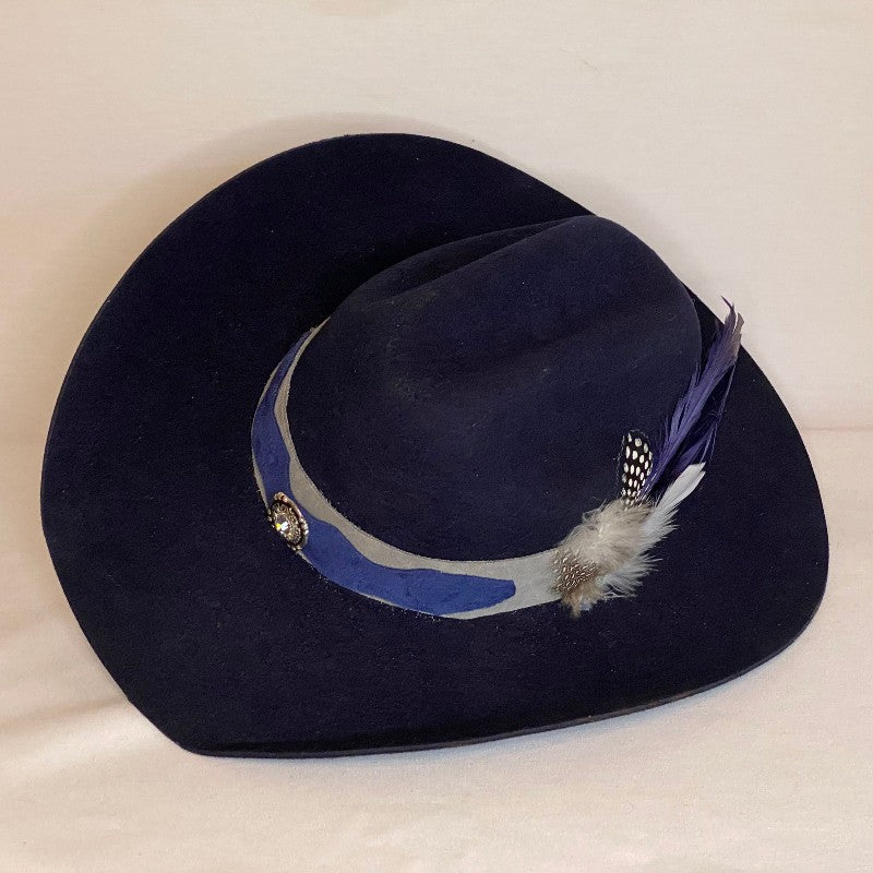 Anna -Blue Custom Hand Trimmed 3X Cowboy Hat With Suede Band With Feathers-Animo Hat Company