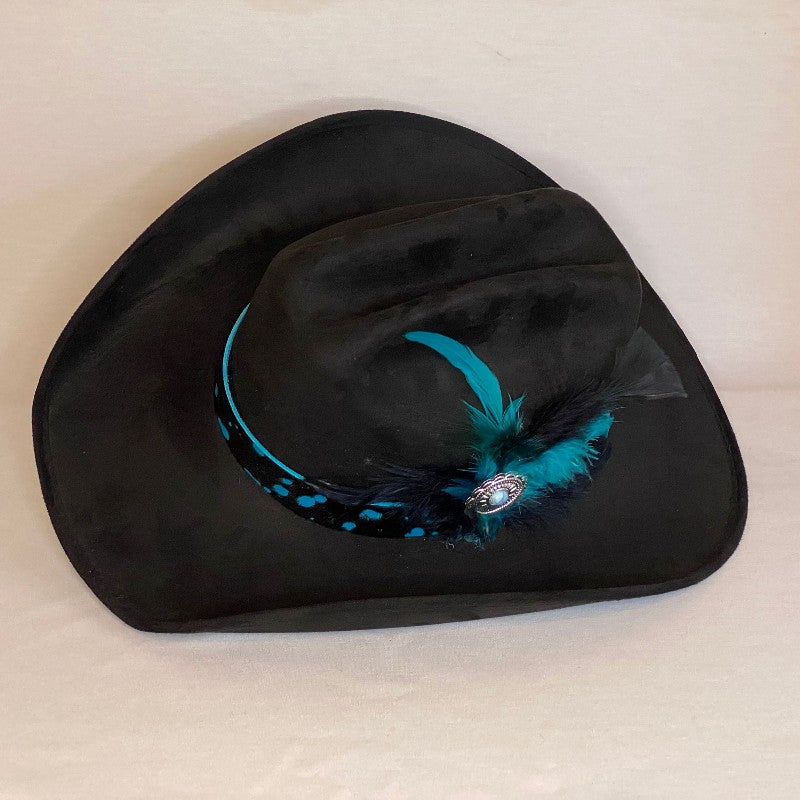 Jaqueline - Custom Black Fashion Cowboy Hat With Turquoise And Black Leather Band With Feathers-Animo Hat Company