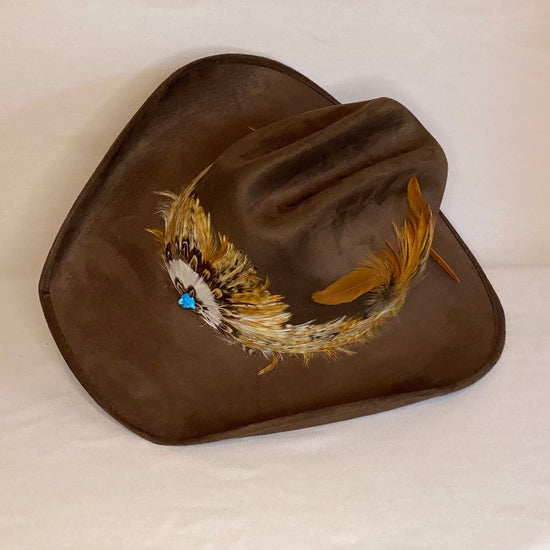 Lydia - Custom Vegan Sued Fashion Cowboy Hat With Continuous Leather Band With Feathers-Animo Hat Company