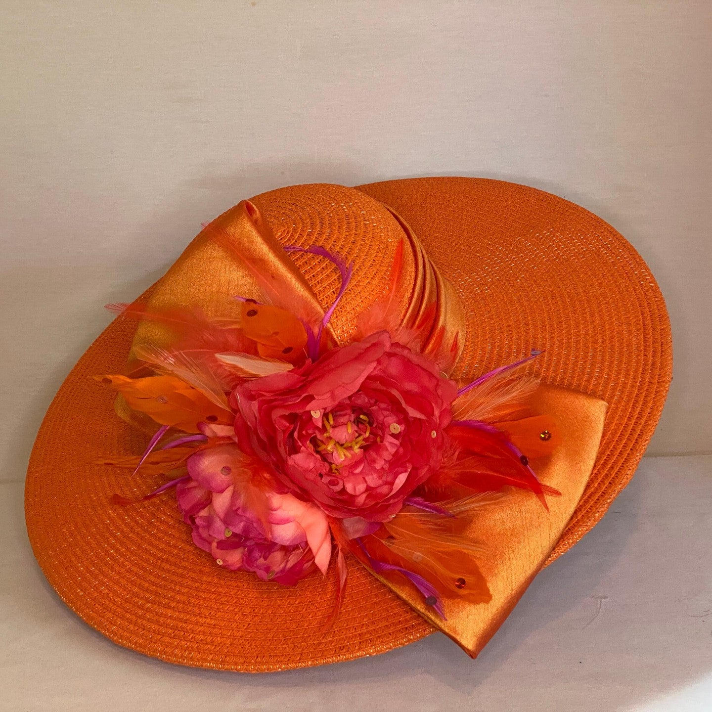 Load image into Gallery viewer, Isn&amp;#39;t She Beautiful - Orange Straw Derby Hat with Large Flower and Bow-Animo Hat Company