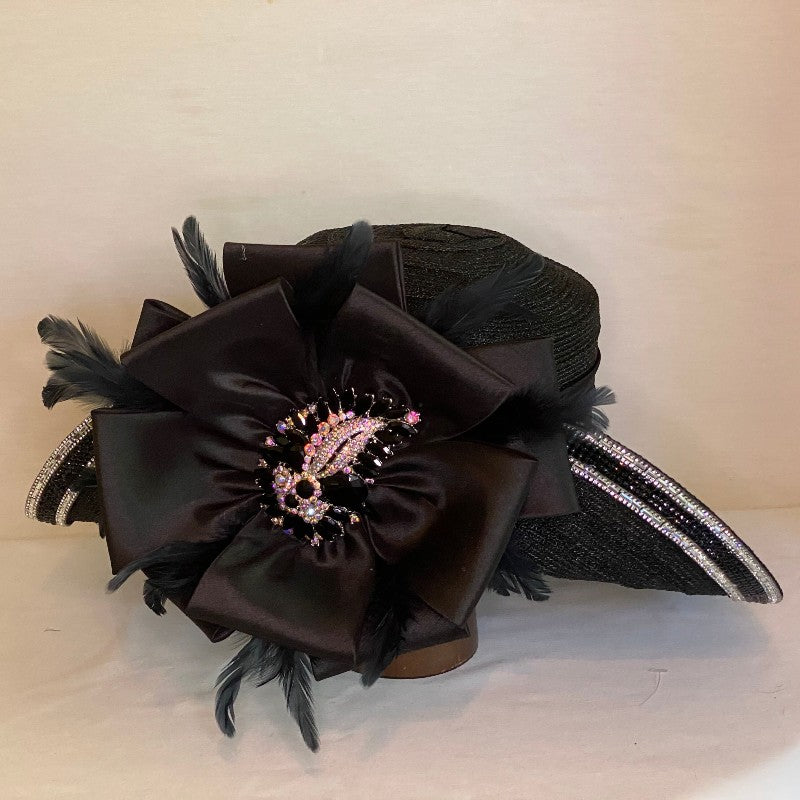 Always Noticed - Black Light Weight Derby Hat with Bling, Black Bow and Feathers-Animo Hat Company
