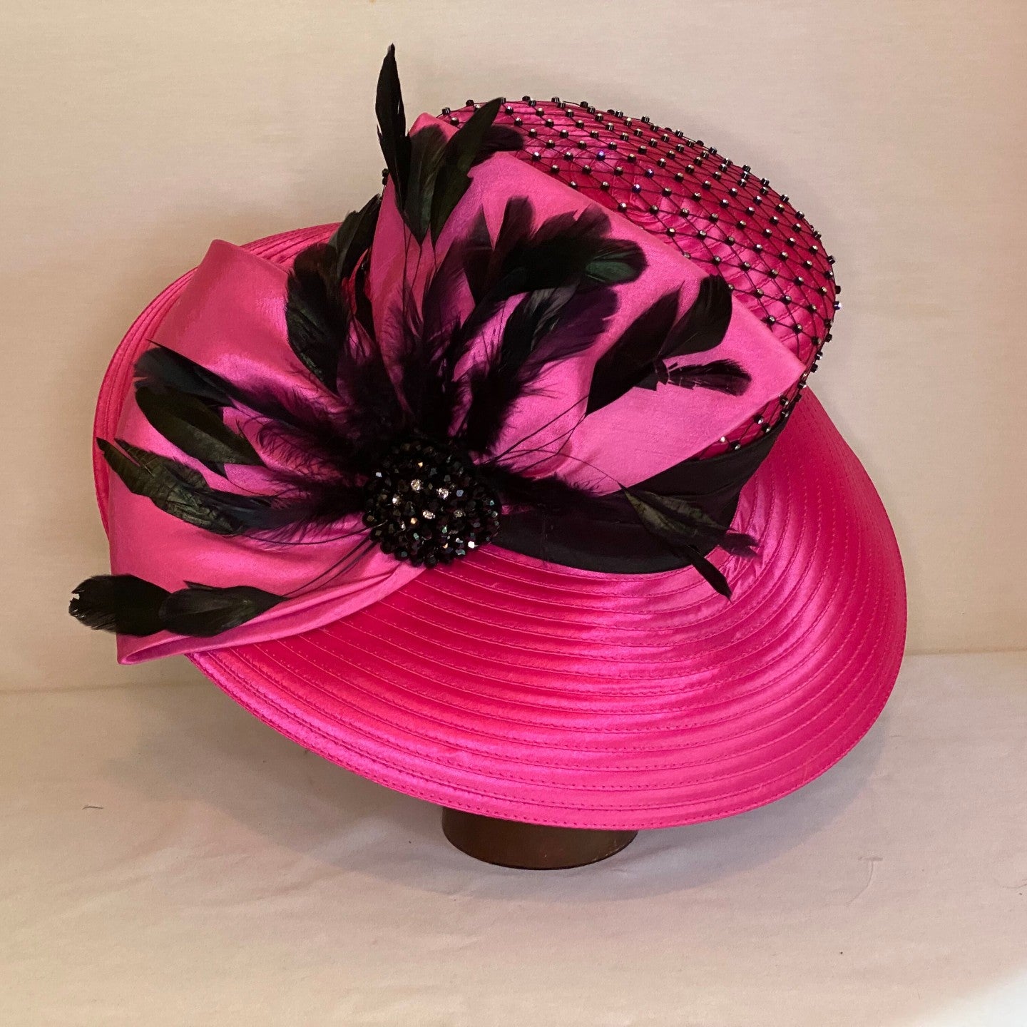 Hottie - Hot Pink Light Weight Derby Hat with Bling and Black Feathers-Animo Hat Company