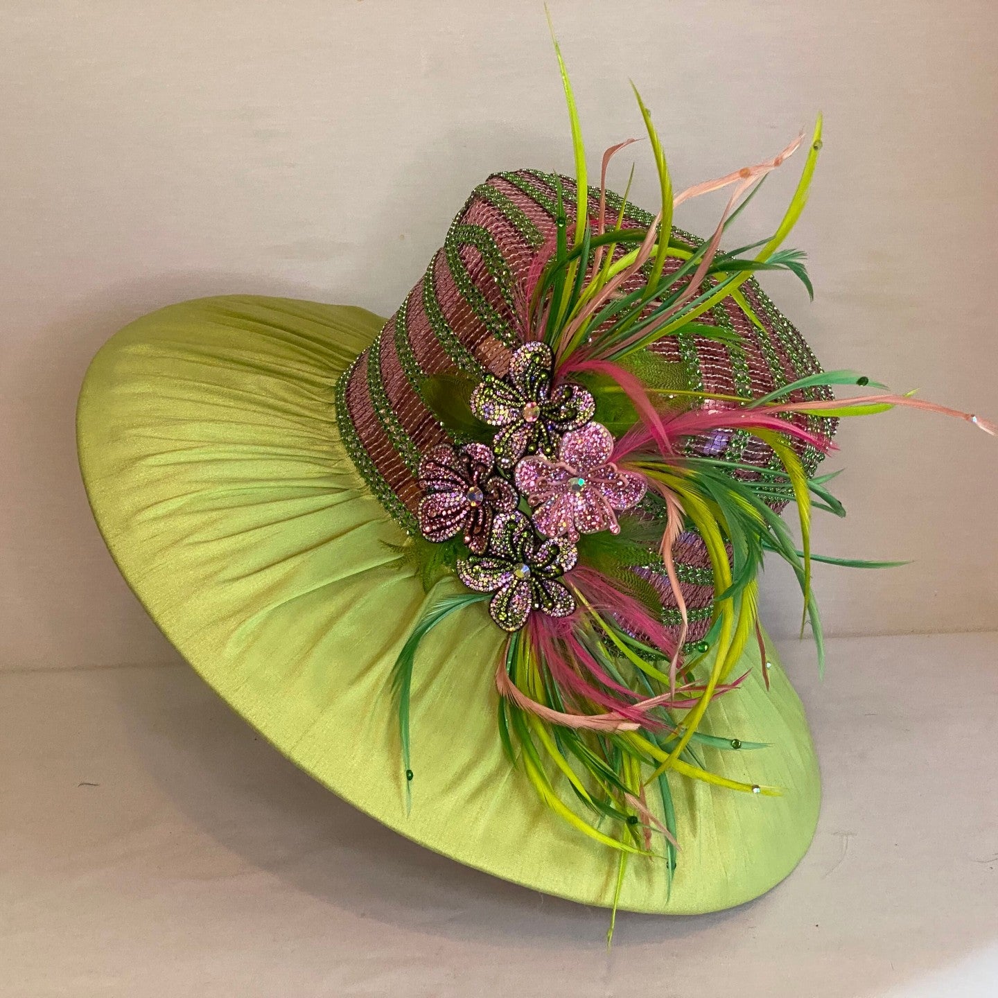 Brighten My Day - Light Weight Derby Hat in Lime Green and Pink Sequins-Animo Hat Company