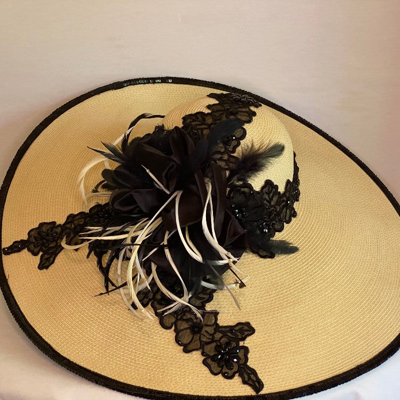 Load image into Gallery viewer, Forever Classic - Cream Straw Derby Hat with Black Applique and Feathers-Animo Hat Company