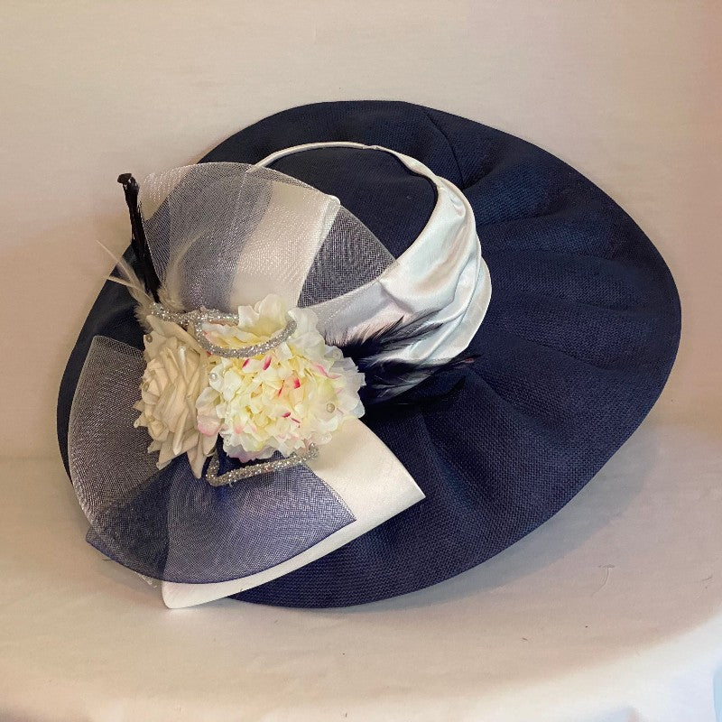 Sophistication - Navy Blue Light Weight Derby Hat Trimmed With White Ribbon-Animo Hat Company